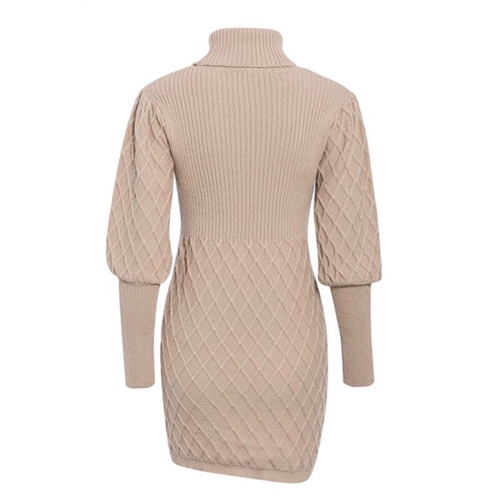 SOLD OUT CLEARANCE Beige Lantern Sleeve Turtleneck Knit Sweater Dress - Picture 4 of 6
